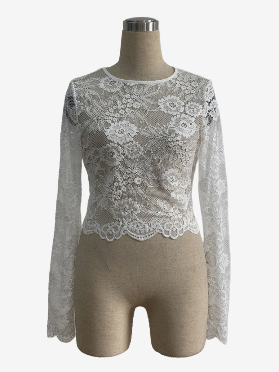 Floral Lace Long Sleeve Slim Fit Crop Top For Women 2026