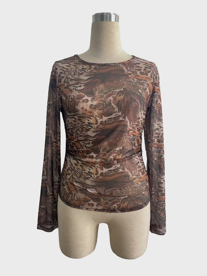 Abstract Print Mesh Slim Fit Long Sleeve Crew Neck Top For Women 2026