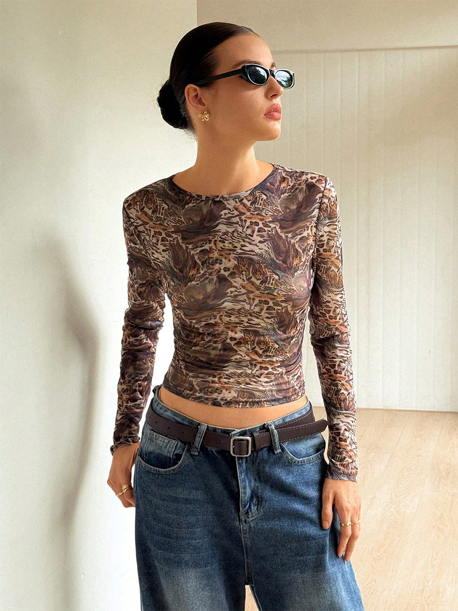 Abstract Print Mesh Slim Fit Long Sleeve Crew Neck Top For Women 2026