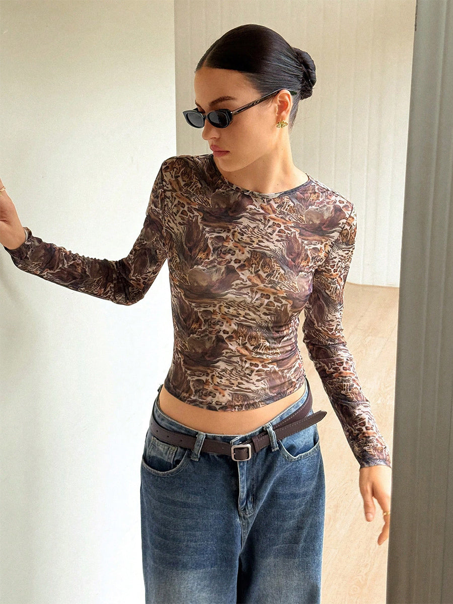 Abstract Print Mesh Slim Fit Long Sleeve Crew Neck Top For Women 2026