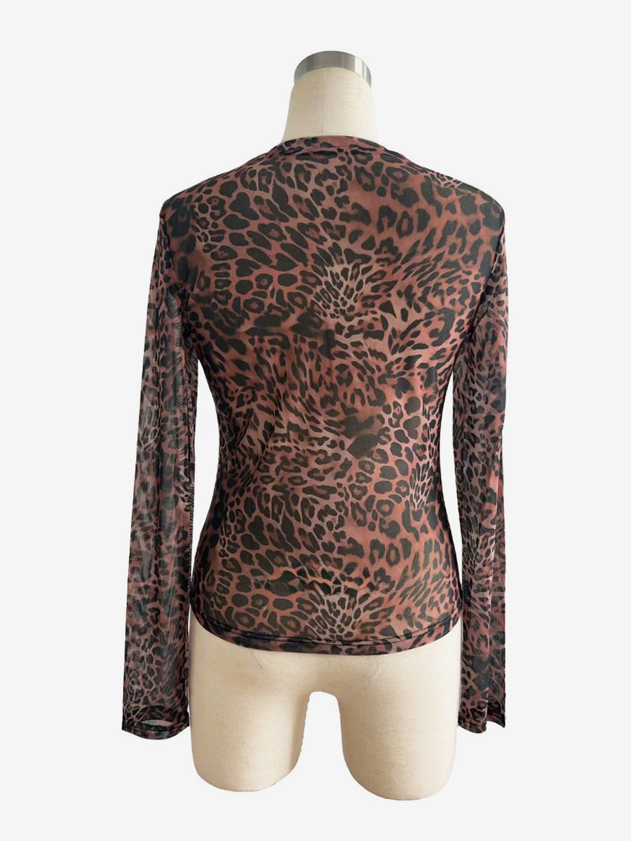 Leopard Print Mesh Slim Fit Long Sleeve Crew Neck Top For Women 2026