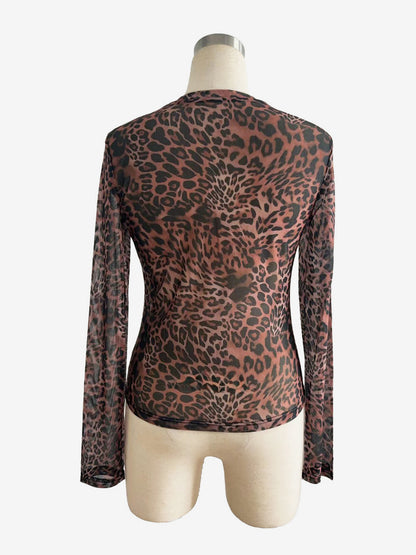 Leopard Print Mesh Slim Fit Long Sleeve Crew Neck Top For Women 2026