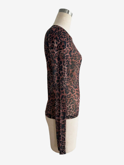 Leopard Print Mesh Slim Fit Long Sleeve Crew Neck Top For Women 2026