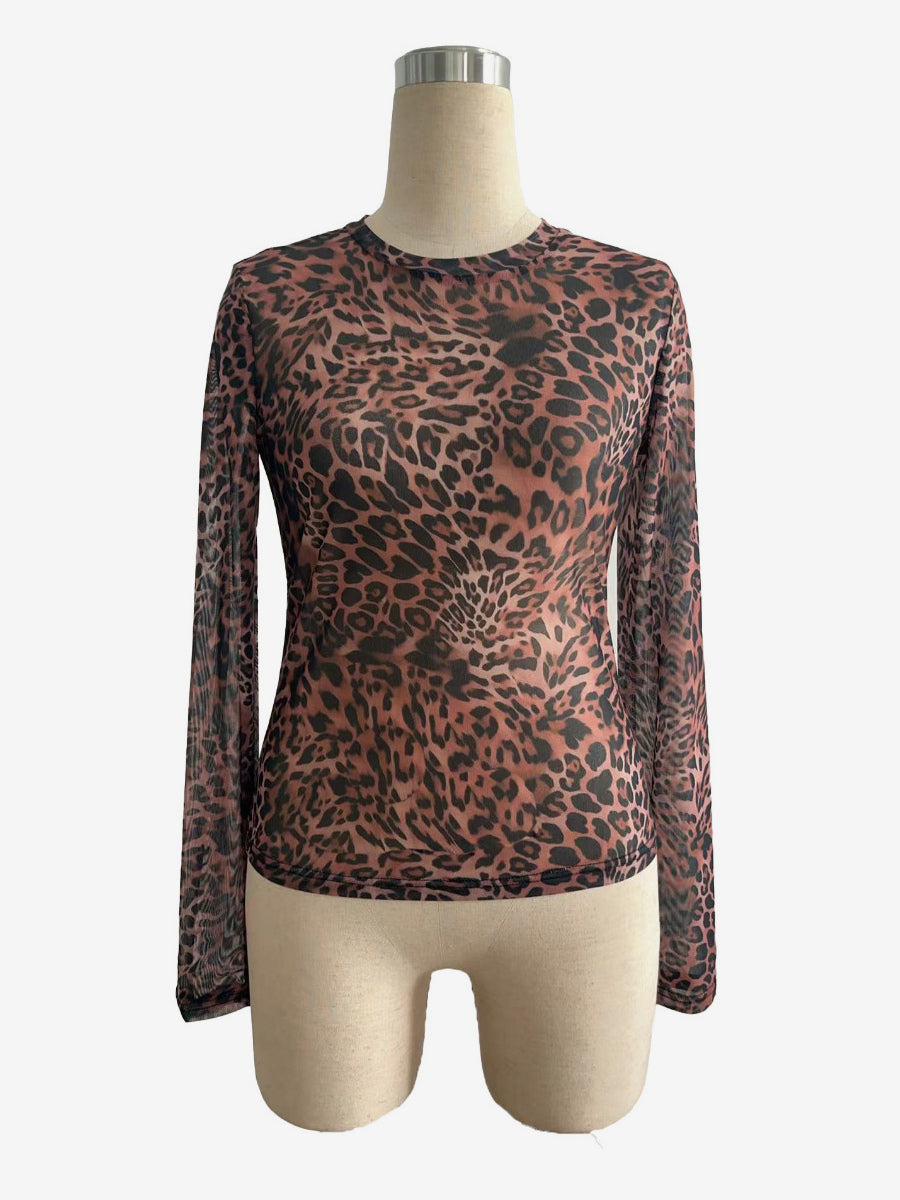 Leopard Print Mesh Slim Fit Long Sleeve Crew Neck Top For Women 2026