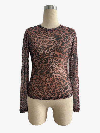 Leopard Print Mesh Slim Fit Long Sleeve Crew Neck Top For Women 2026