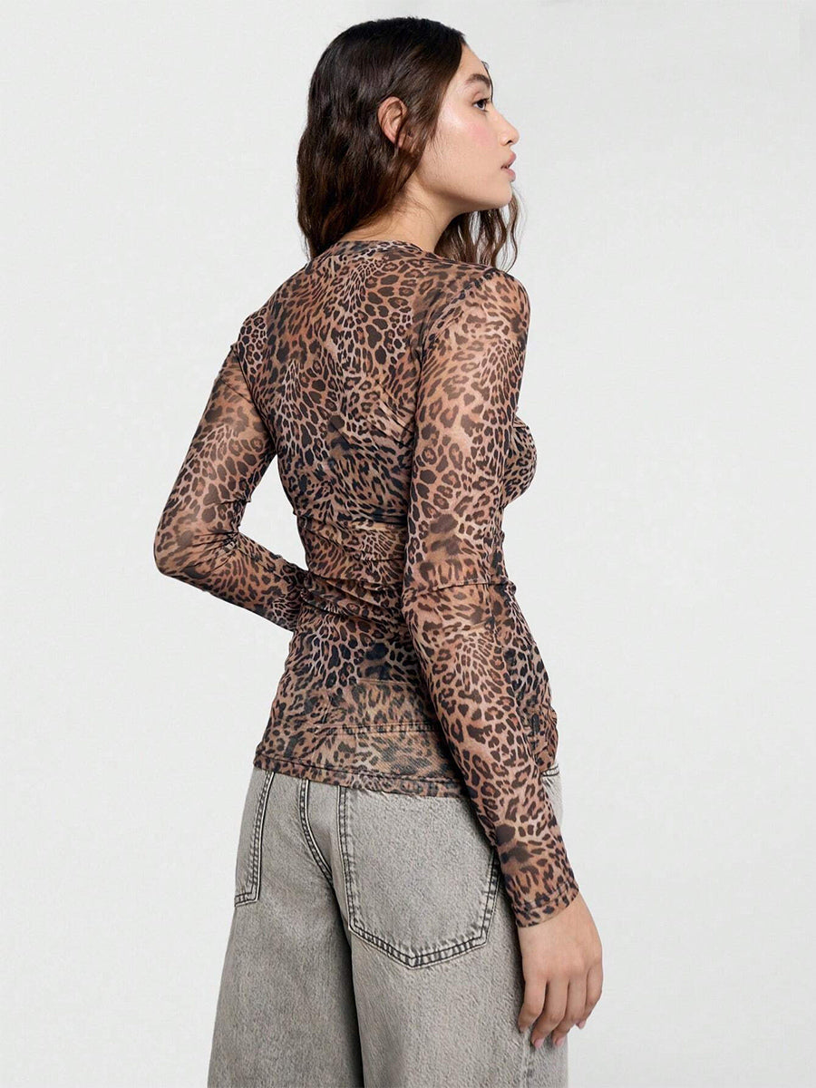 Leopard Print Mesh Slim Fit Long Sleeve Crew Neck Top For Women 2026