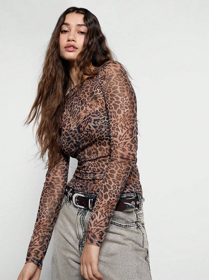 Leopard Print Mesh Slim Fit Long Sleeve Crew Neck Top For Women 2026
