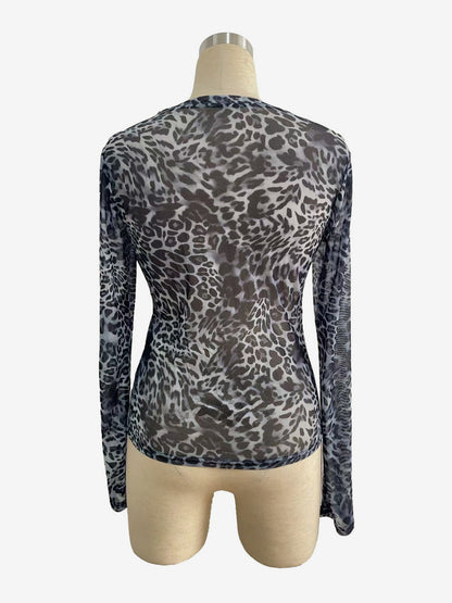 Leopard Print Long Sleeve Mesh Slim Fit Crew Neck Top For Women 2026