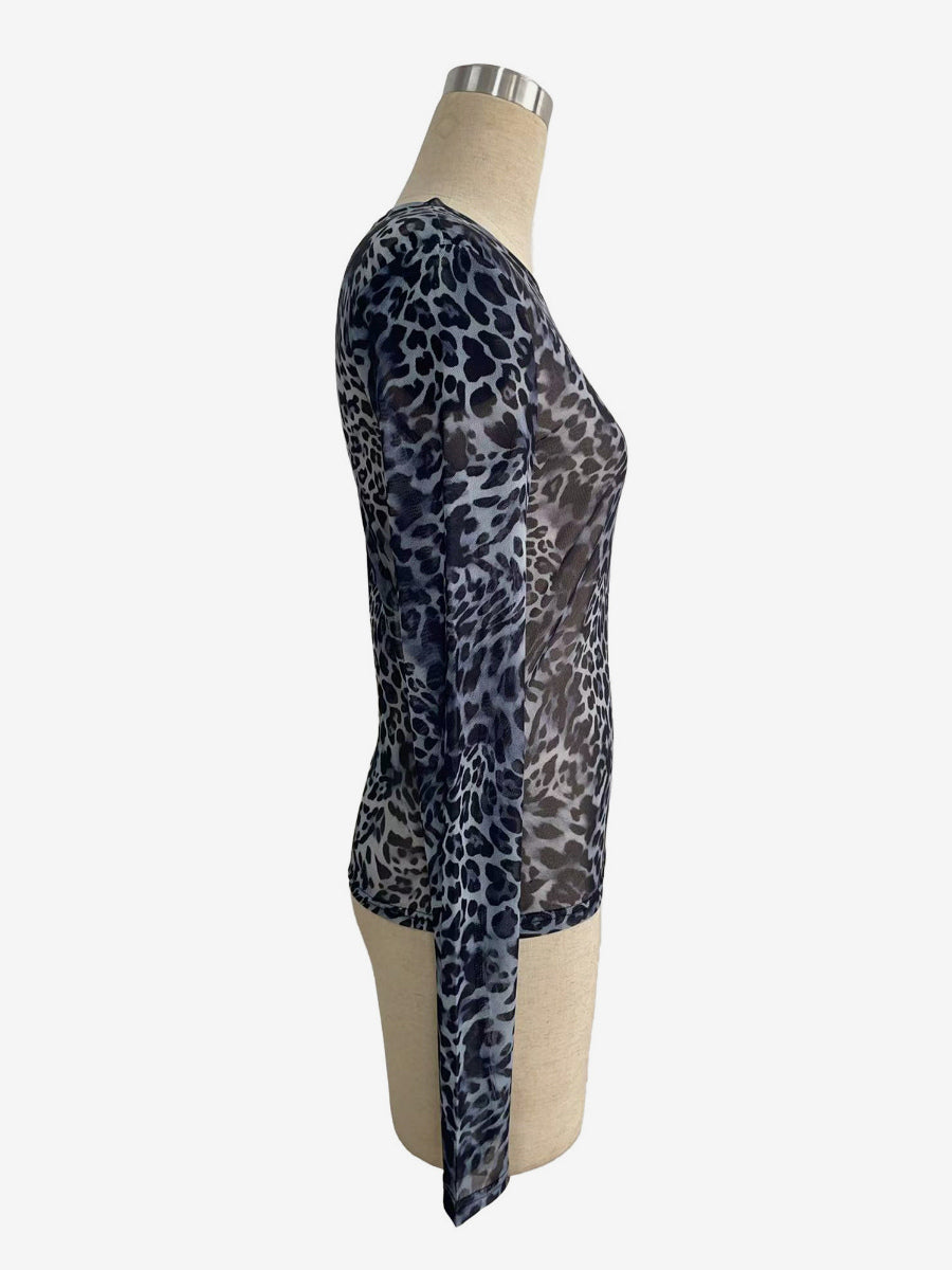 Leopard Print Long Sleeve Mesh Slim Fit Crew Neck Top For Women 2026