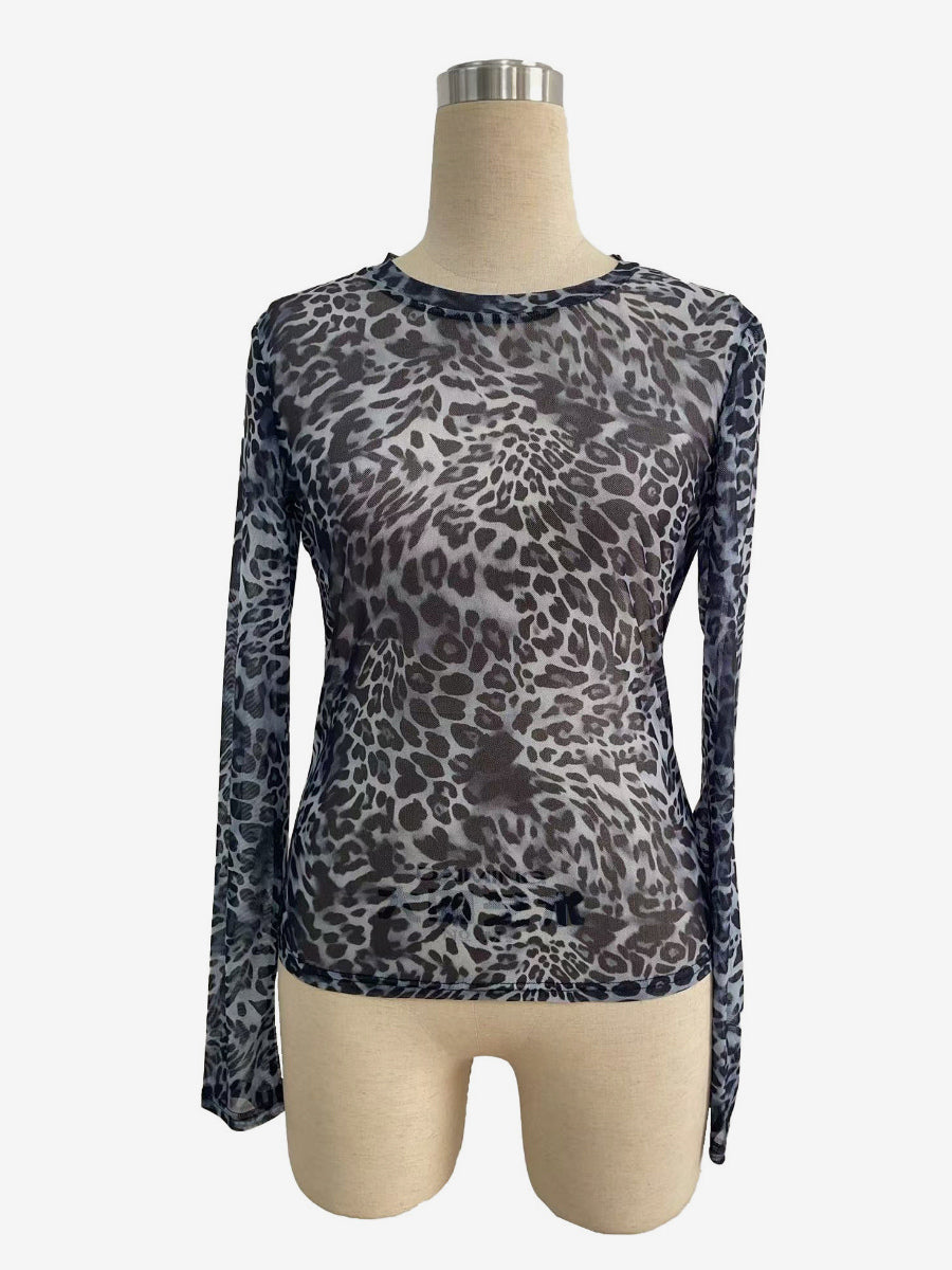 Leopard Print Long Sleeve Mesh Slim Fit Crew Neck Top For Women 2026