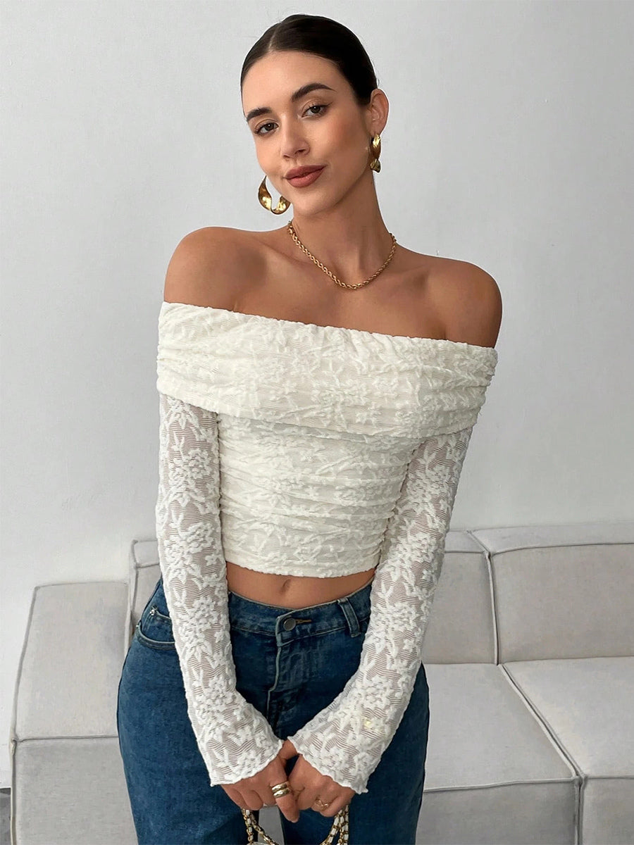 Off Shoulder Floral Lace Long Sleeve Ruched Slim Fit Top For Women 2026