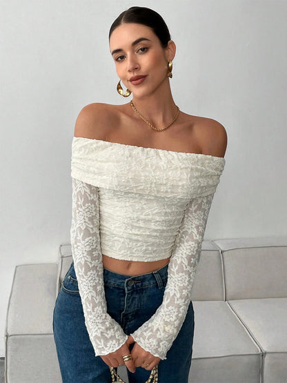 Off Shoulder Floral Lace Long Sleeve Ruched Slim Fit Top For Women 2026