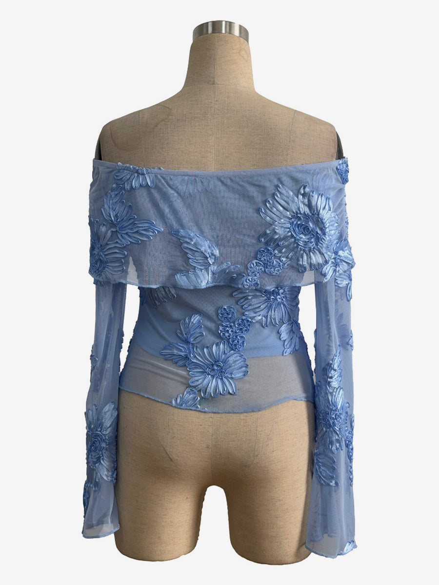 Off Shoulder Mesh Long Sleeve Top With 3D Floral Embroidery For Women 2026