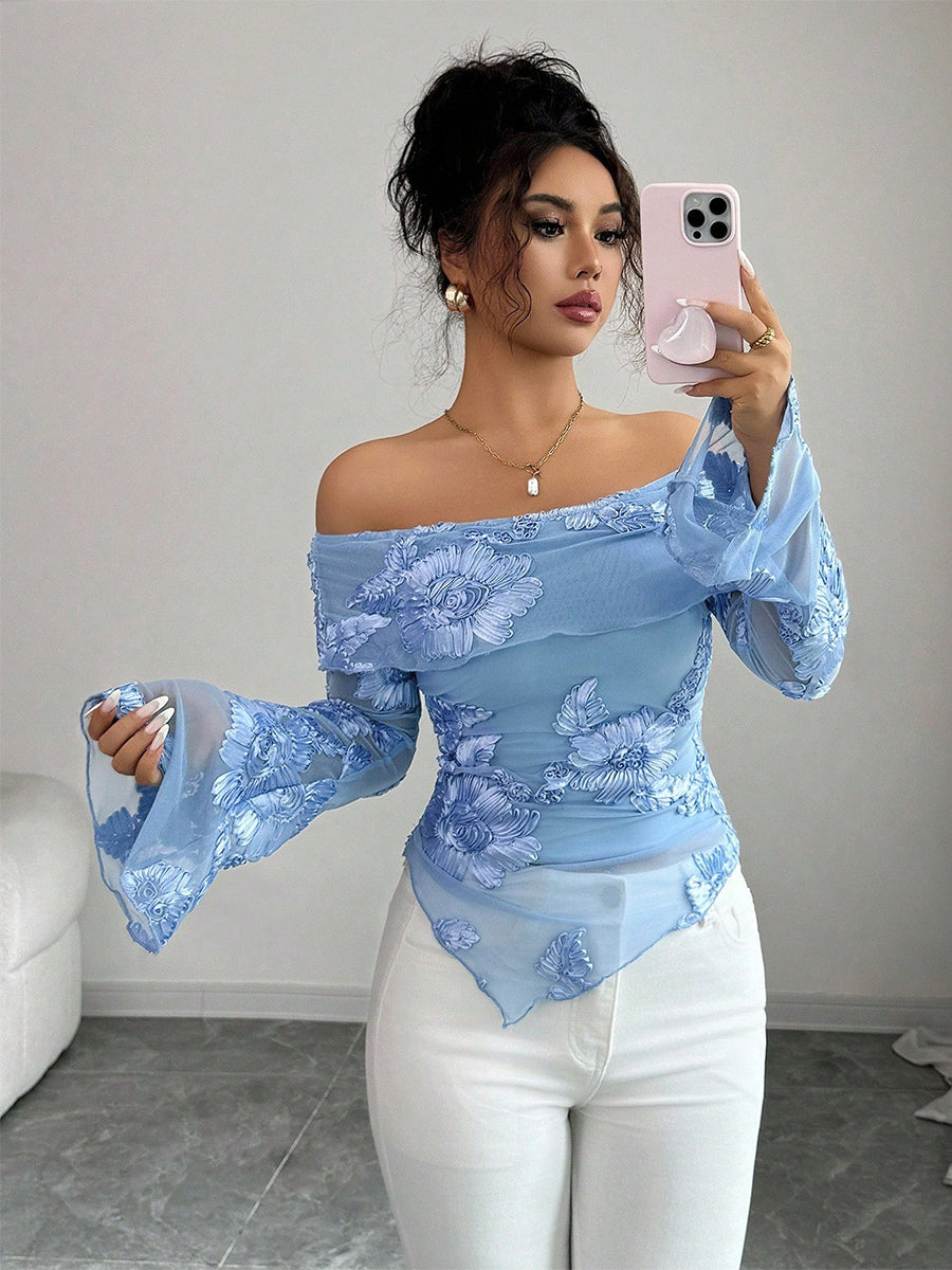 Off Shoulder Mesh Long Sleeve Top With 3D Floral Embroidery For Women 2026