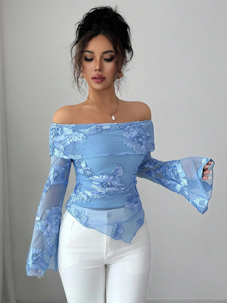 Off Shoulder Mesh Long Sleeve Top With 3D Floral Embroidery For Women 2026