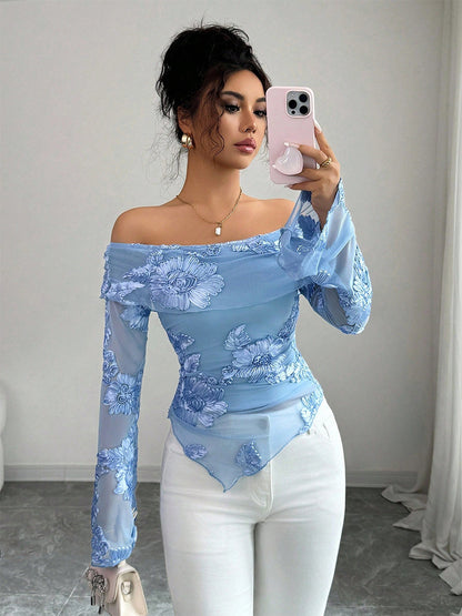 Off Shoulder Mesh Long Sleeve Top With 3D Floral Embroidery For Women 2026