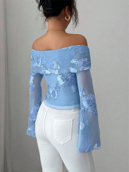 Off Shoulder Mesh Long Sleeve Top With 3D Floral Embroidery For Women 2026