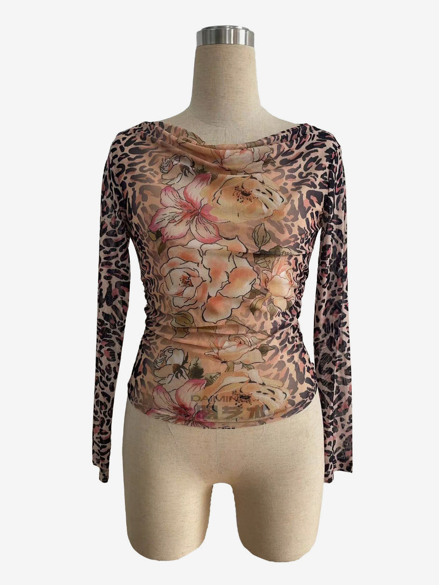 Leopard And Floral Print Cowl Neck Mesh Long Sleeve Top For Women 2026