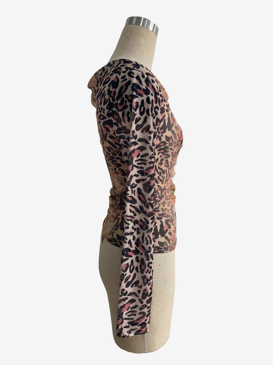 Leopard And Floral Print Cowl Neck Mesh Long Sleeve Top For Women 2026