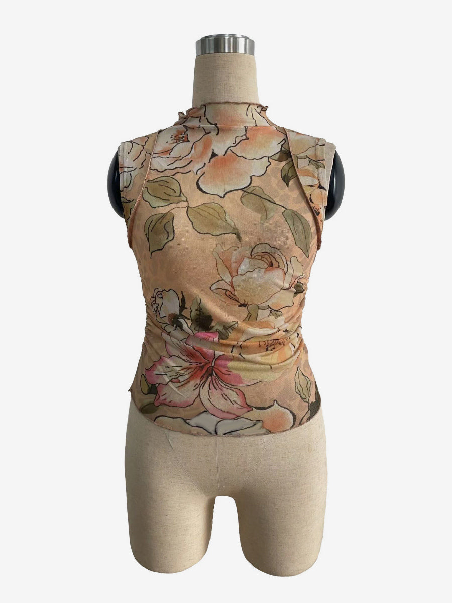 Vintage Floral Print Ruched Mock Neck Mesh Sleeveless Tank Top For Women 2026