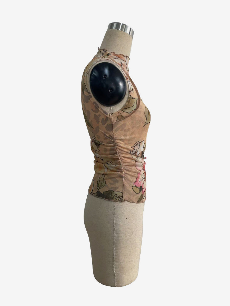 Vintage Floral Print Ruched Mock Neck Mesh Sleeveless Tank Top For Women 2026
