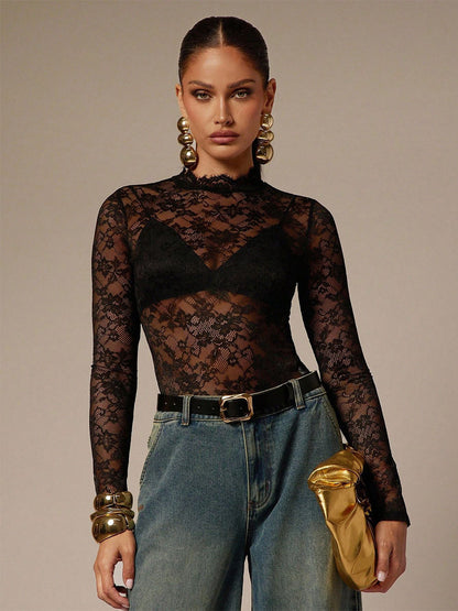 Lace Floral Mock Neck Long Sleeve Slim Fit Bodysuit For Women 2026
