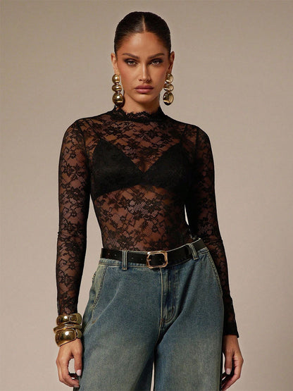 Lace Floral Mock Neck Long Sleeve Slim Fit Bodysuit For Women 2026