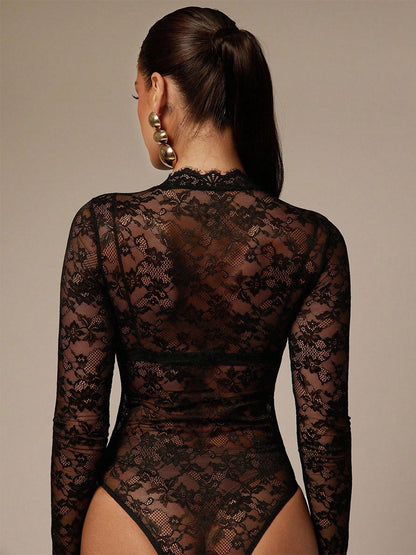 Lace Floral Mock Neck Long Sleeve Slim Fit Bodysuit For Women 2026