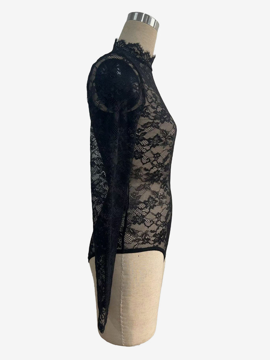 Lace Floral Mock Neck Long Sleeve Slim Fit Bodysuit For Women 2026