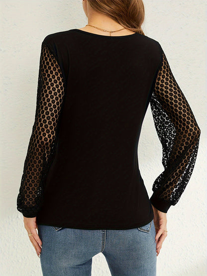 Deep V Neck Surplice Top With Sheer Floral Lace Long Sleeves For Women 2026