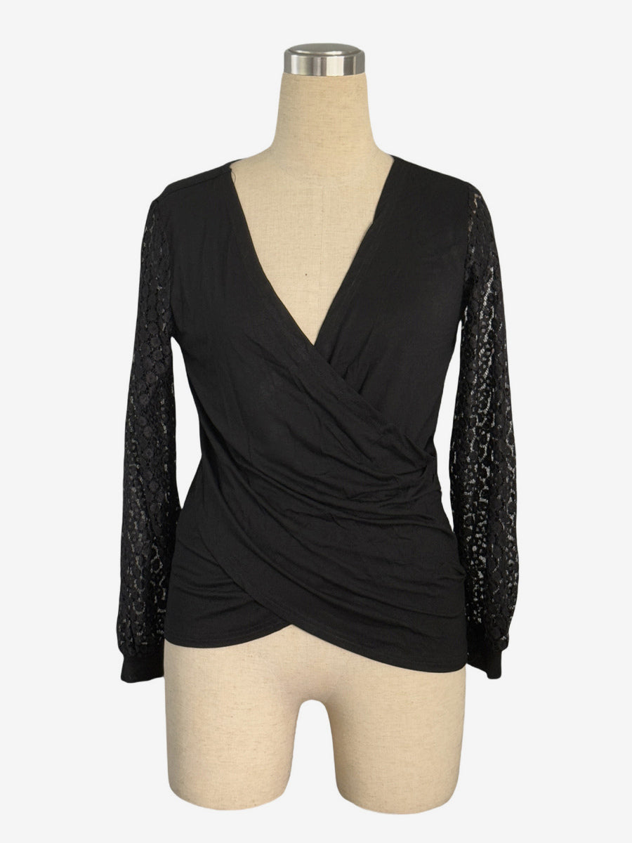 Deep V Neck Surplice Top With Sheer Floral Lace Long Sleeves For Women 2026