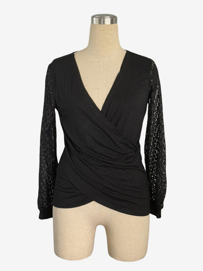 Deep V Neck Surplice Top With Sheer Floral Lace Long Sleeves For Women 2026