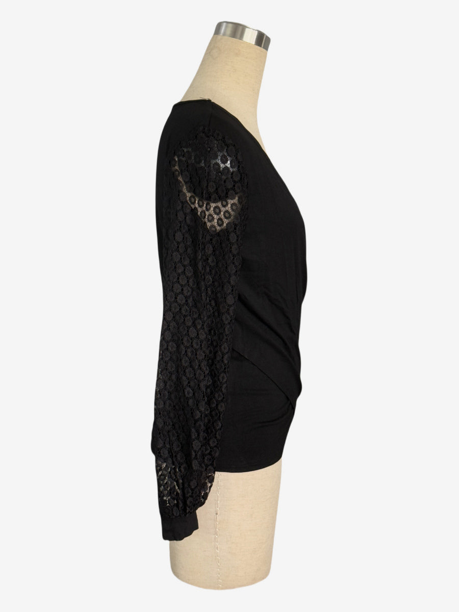 Deep V Neck Surplice Top With Sheer Floral Lace Long Sleeves For Women 2026
