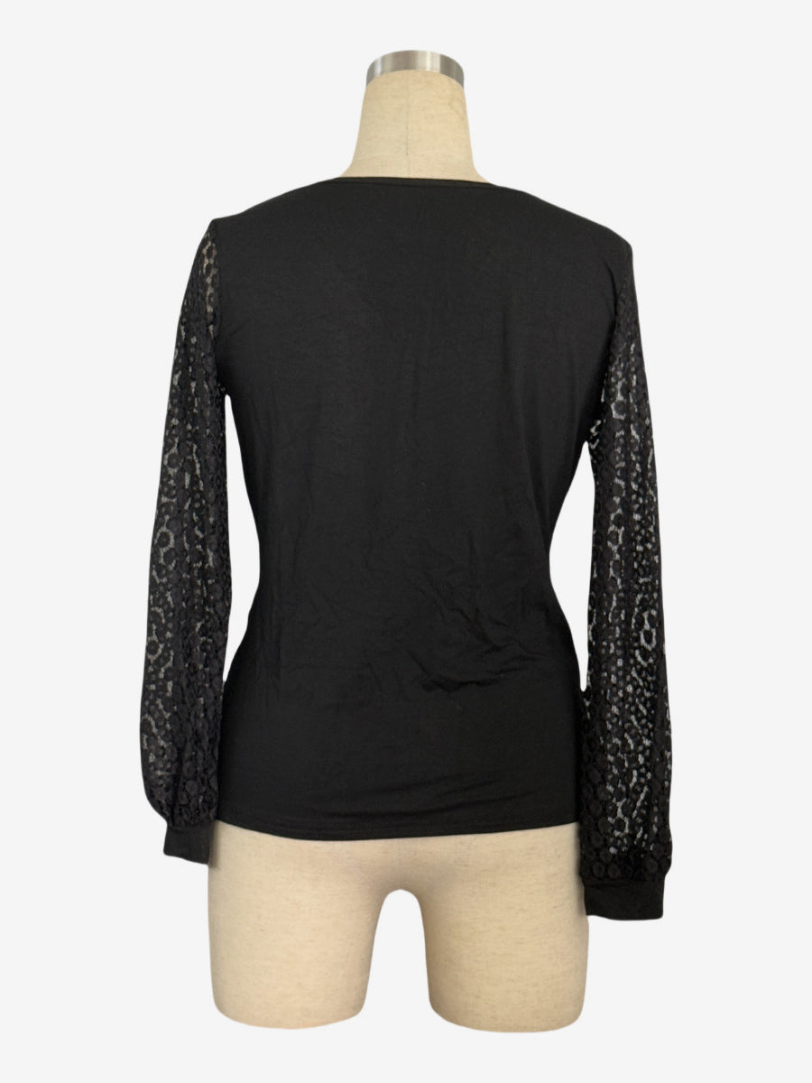 Deep V Neck Surplice Top With Sheer Floral Lace Long Sleeves For Women 2026