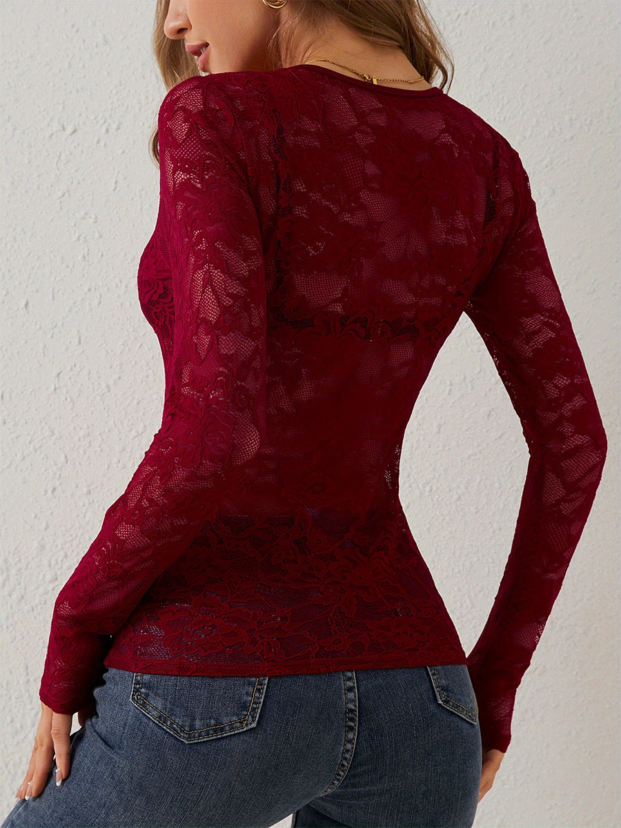 V Neck Scalloped Trim Floral Lace Long Sleeve Slim Fit Top For Women 2026