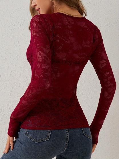 V Neck Scalloped Trim Floral Lace Long Sleeve Slim Fit Top For Women 2026