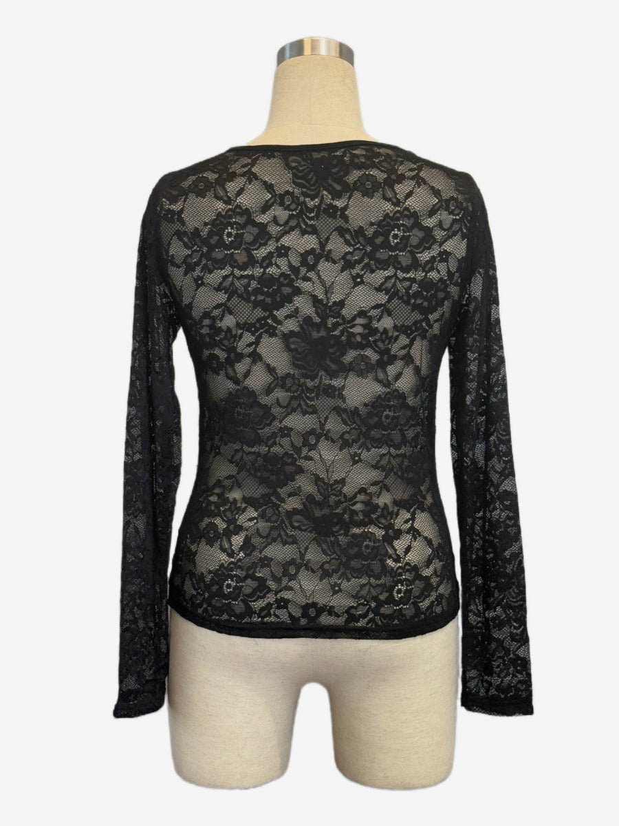 V Neck Scalloped Trim Floral Lace Long Sleeve Slim Fit Top For Women 2026