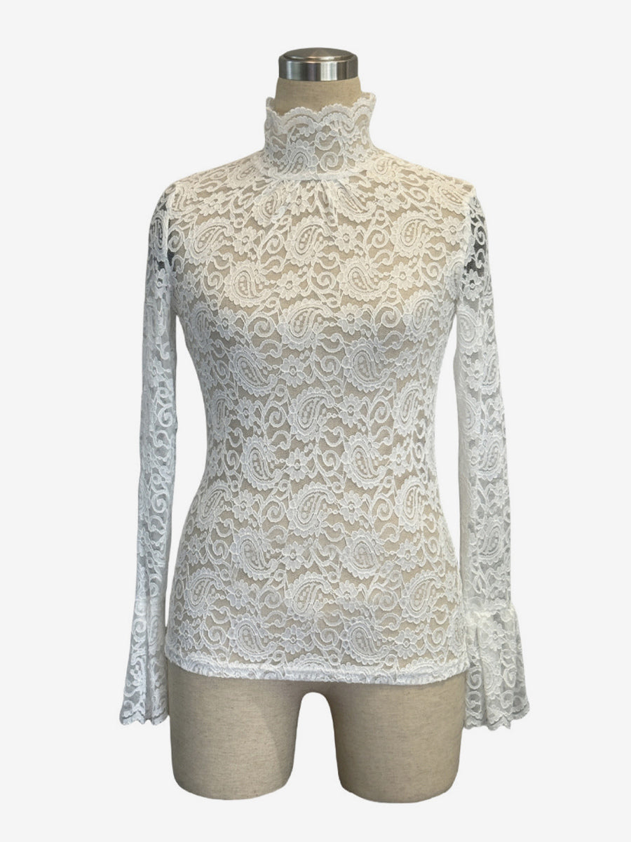 High Neck Bell Sleeve Slim Fit Paisley Lace Top For Women 2026