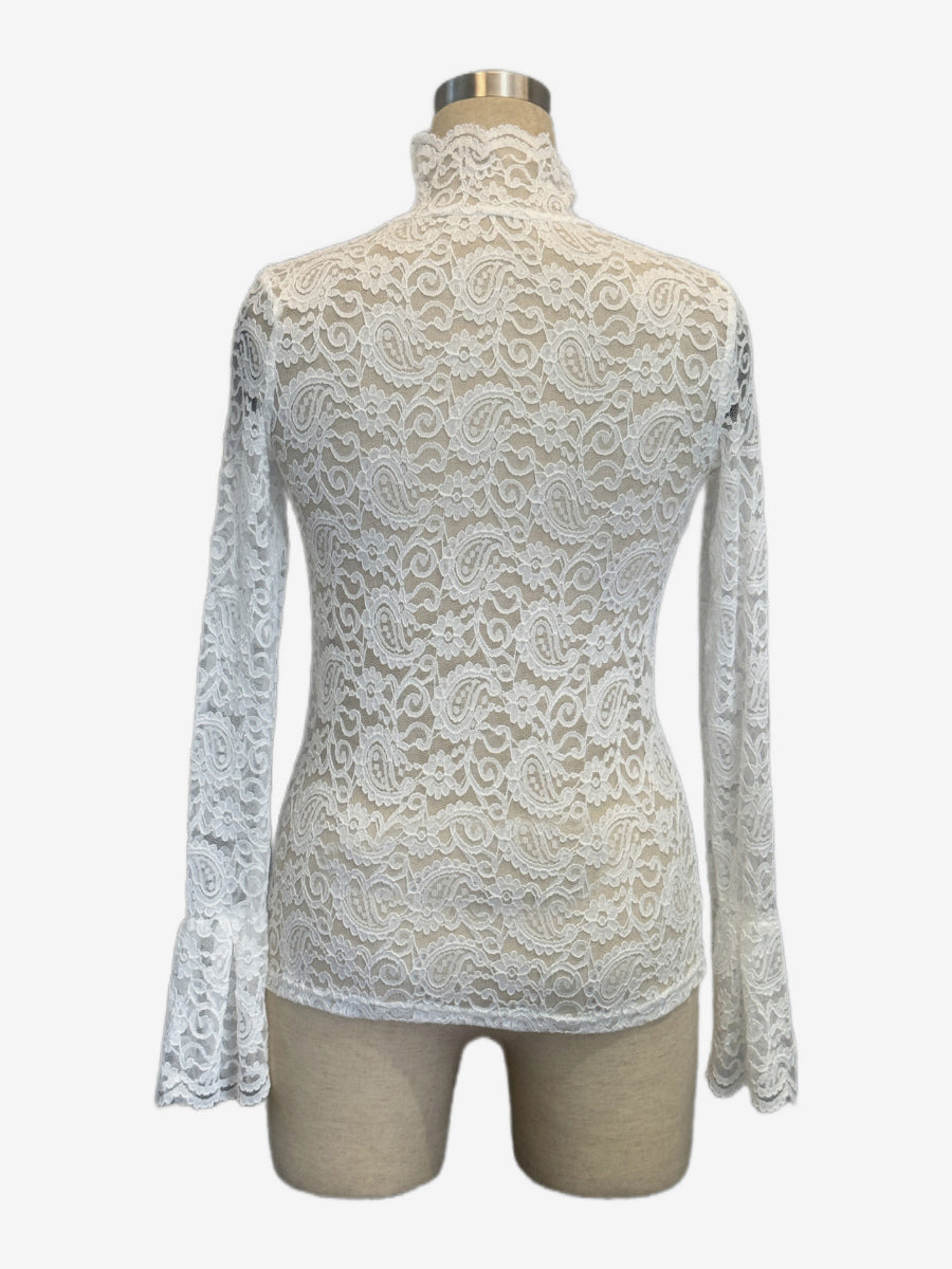 High Neck Bell Sleeve Slim Fit Paisley Lace Top For Women 2026