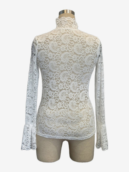 High Neck Bell Sleeve Slim Fit Paisley Lace Top For Women 2026