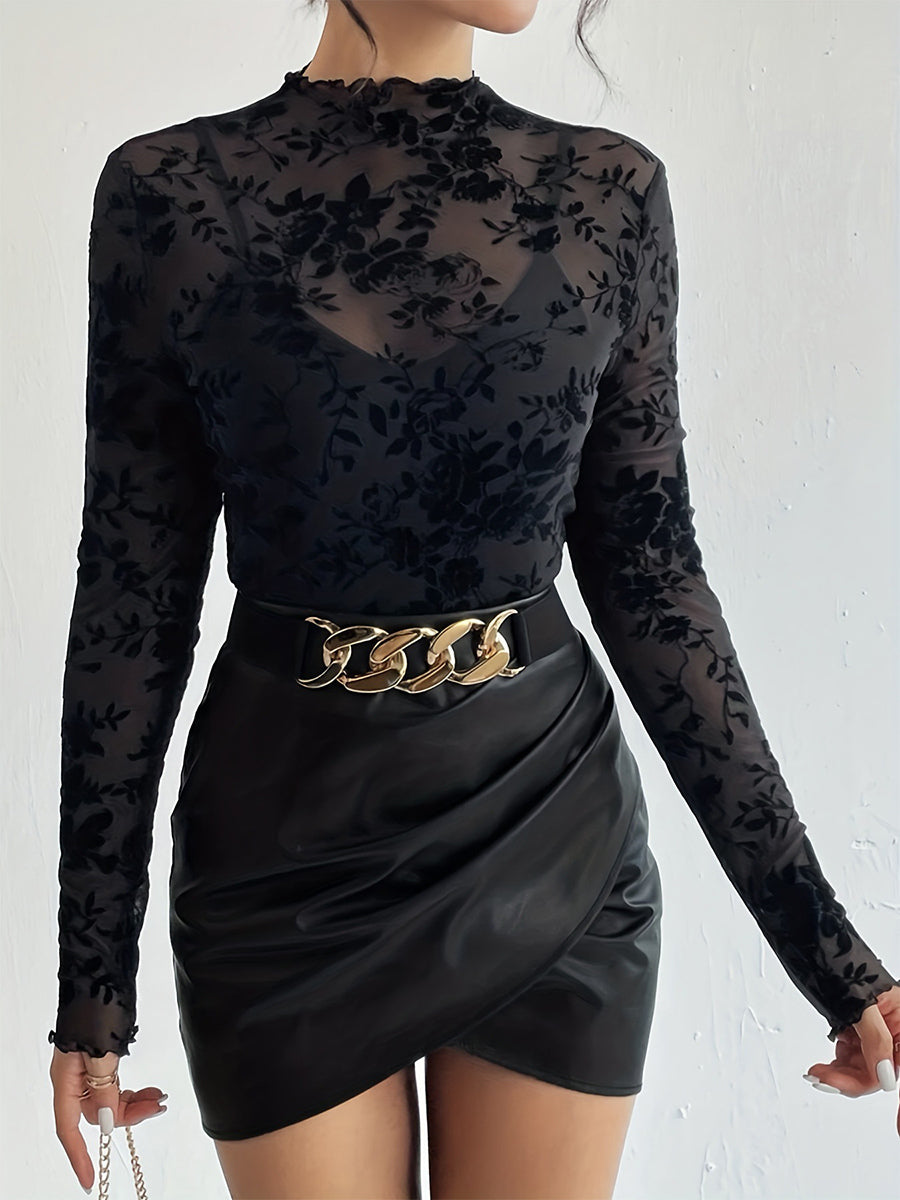 Mock Neck Flocking Floral Mesh Sheer Long Sleeve Skinny Top For Women 2026