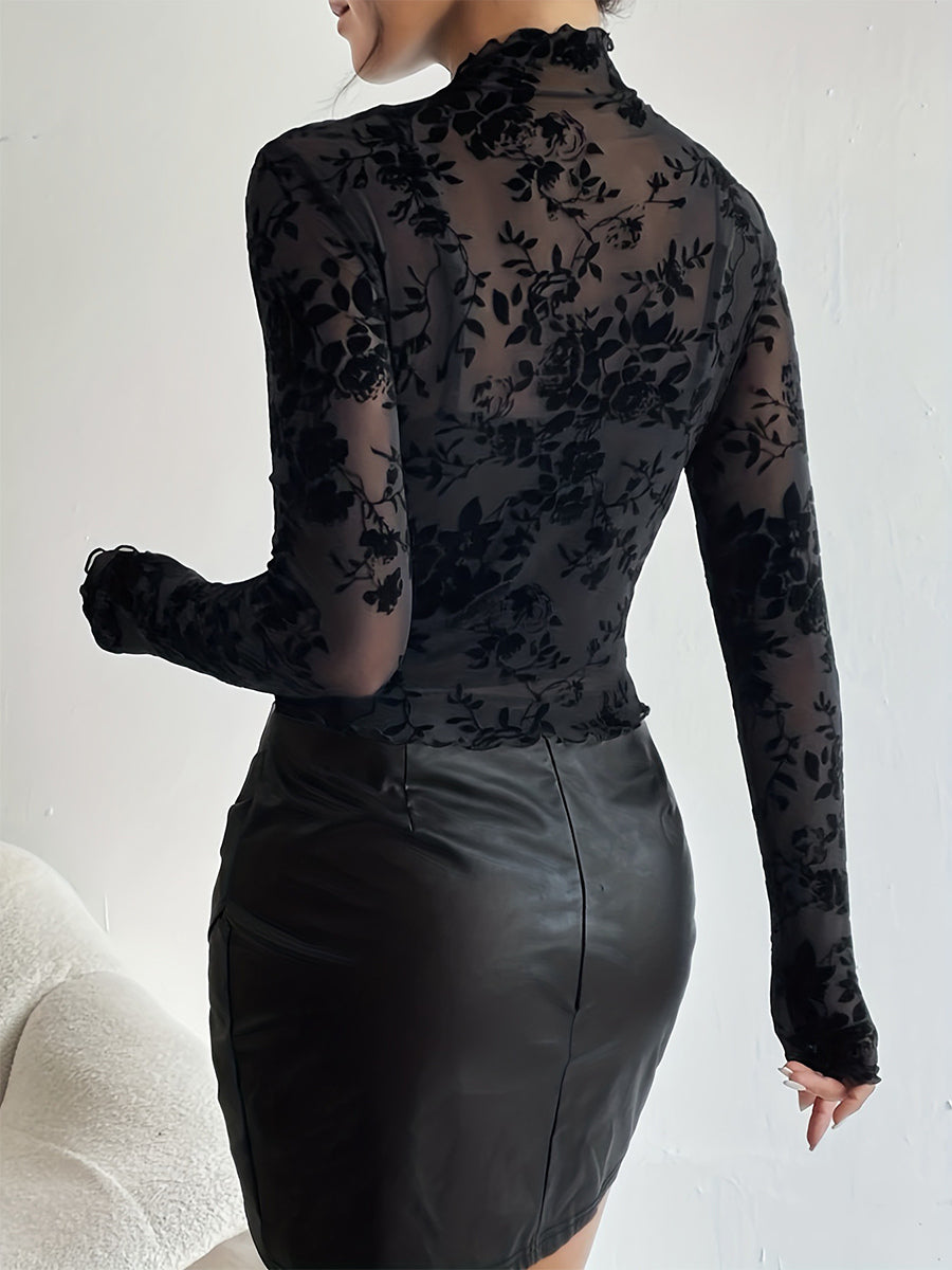 Mock Neck Flocking Floral Mesh Sheer Long Sleeve Skinny Top For Women 2026