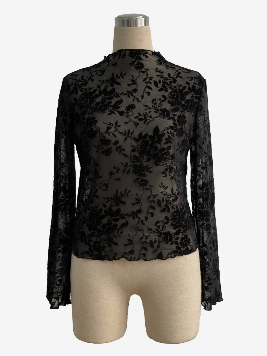 Mock Neck Flocking Floral Mesh Sheer Long Sleeve Skinny Top For Women 2026