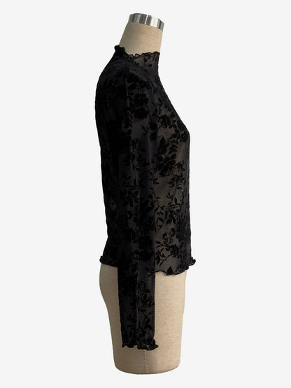 Mock Neck Flocking Floral Mesh Sheer Long Sleeve Skinny Top For Women 2026