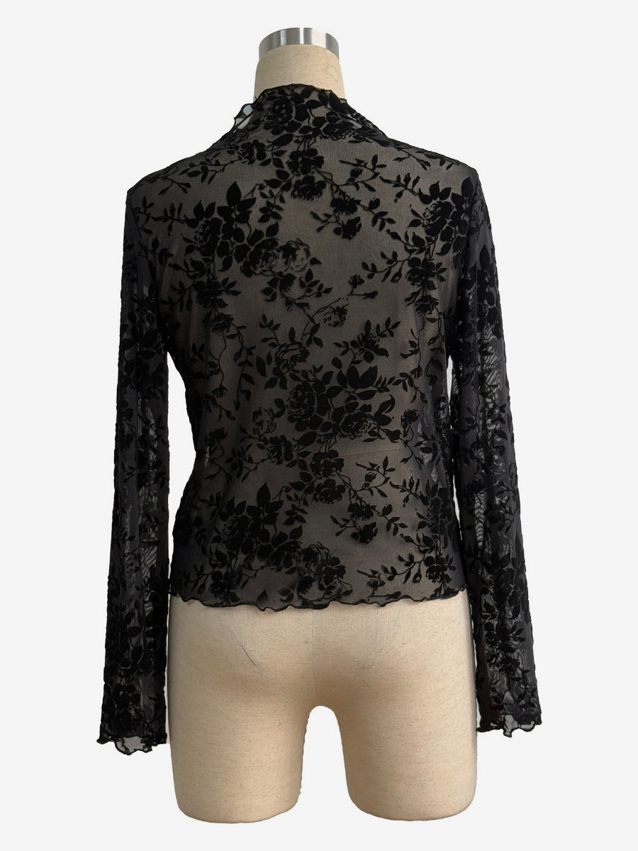 Mock Neck Flocking Floral Mesh Sheer Long Sleeve Skinny Top For Women 2026