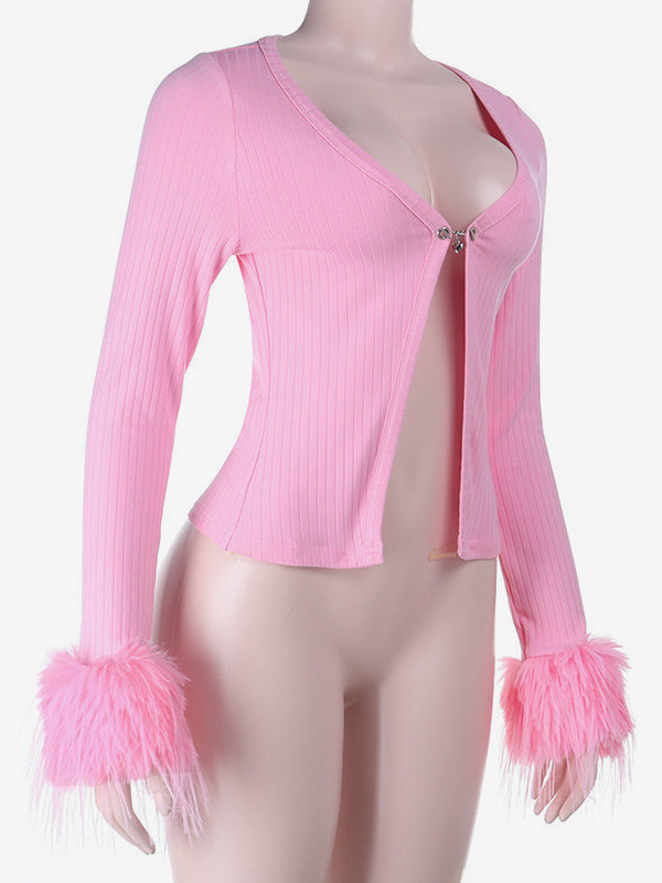 Pink Fur Cuff Women's Crop Cardigan - Y2K Ribbed Long Sleeve V-Neck Top - Sexy Clubwear Night Out Party Shrug 2026