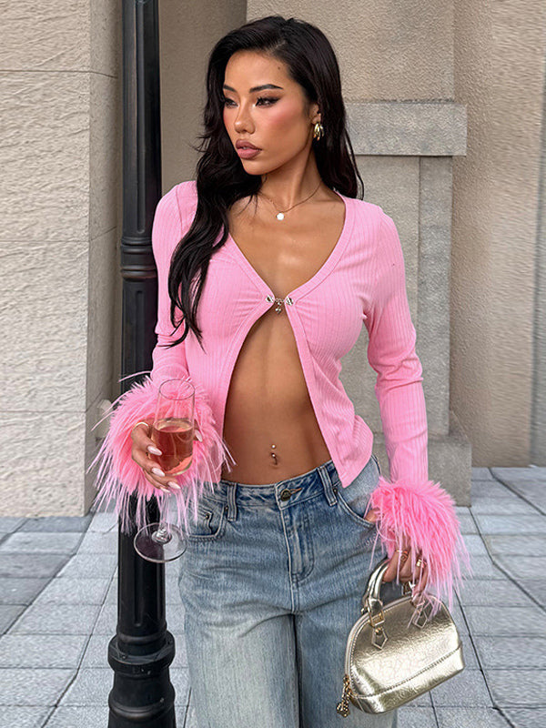 Pink Fur Cuff Women's Crop Cardigan - Y2K Ribbed Long Sleeve V-Neck Top - Sexy Clubwear Night Out Party Shrug 2026