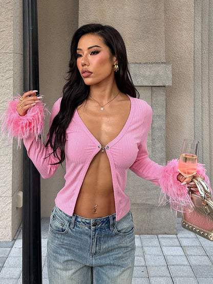 Pink Fur Cuff Women's Crop Cardigan - Y2K Ribbed Long Sleeve V-Neck Top - Sexy Clubwear Night Out Party Shrug 2026