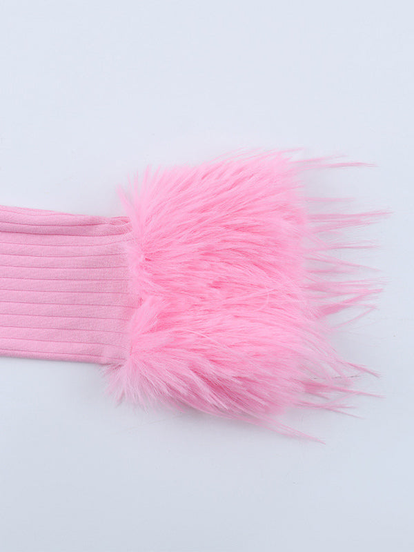Pink Fur Cuff Women's Crop Cardigan - Y2K Ribbed Long Sleeve V-Neck Top - Sexy Clubwear Night Out Party Shrug 2026
