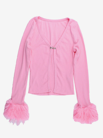 Pink Fur Cuff Women's Crop Cardigan - Y2K Ribbed Long Sleeve V-Neck Top - Sexy Clubwear Night Out Party Shrug 2026